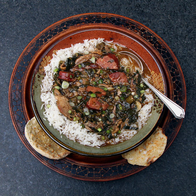 Dark Gumbo Over Rice in Mohagony Bowl